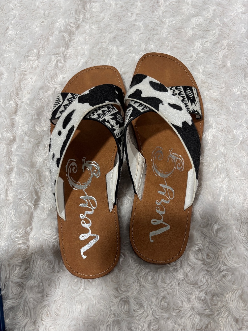 Very G Black and White Cow Print Slide Sandals